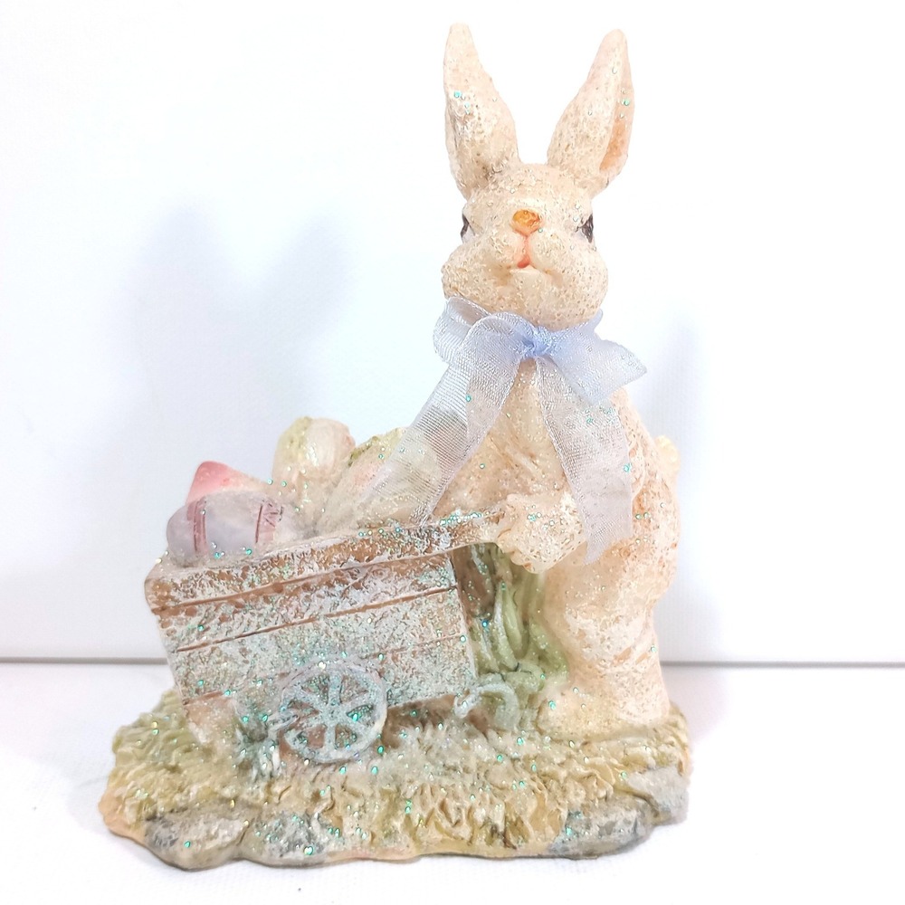 Vintage Easter Bunny Figurine Wheelbarrow Eggs Statuette Pastel Spring Decor